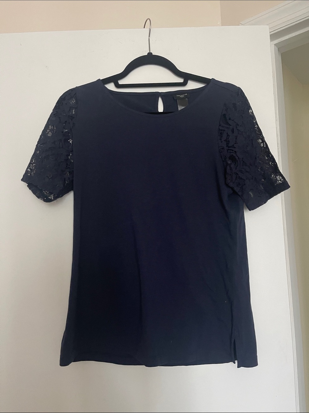 Ann Taylor Navy Lace-Sleeve Blouse
